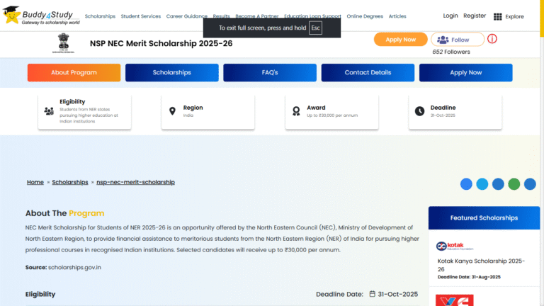 Financial Support To The Students Of N.E.R For Higher Professional Courses (NEC Merit Scholarship)