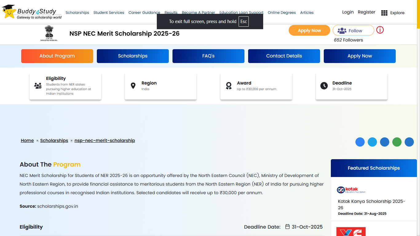 Financial Support To The Students Of N.E.R For Higher Professional Courses (NEC Merit Scholarship)