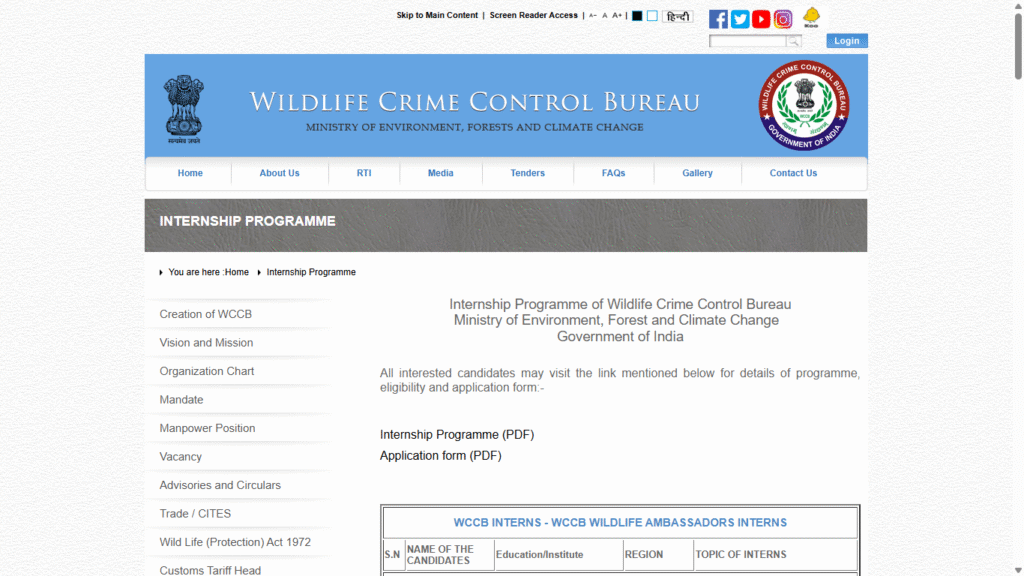Internship Programme Of The Wildlife Crime Control Bureau (MoEFCC)