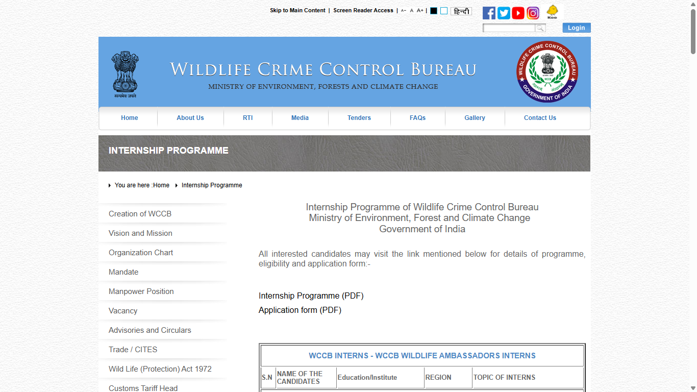 Internship Programme Of The Wildlife Crime Control Bureau (MoEFCC)
